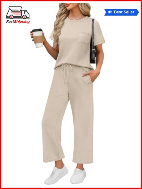 Pants - ✨WIHOLL 2 Piece Set Womens Short Sleeve Top Wide Leg Crop Pants Lounge Travel